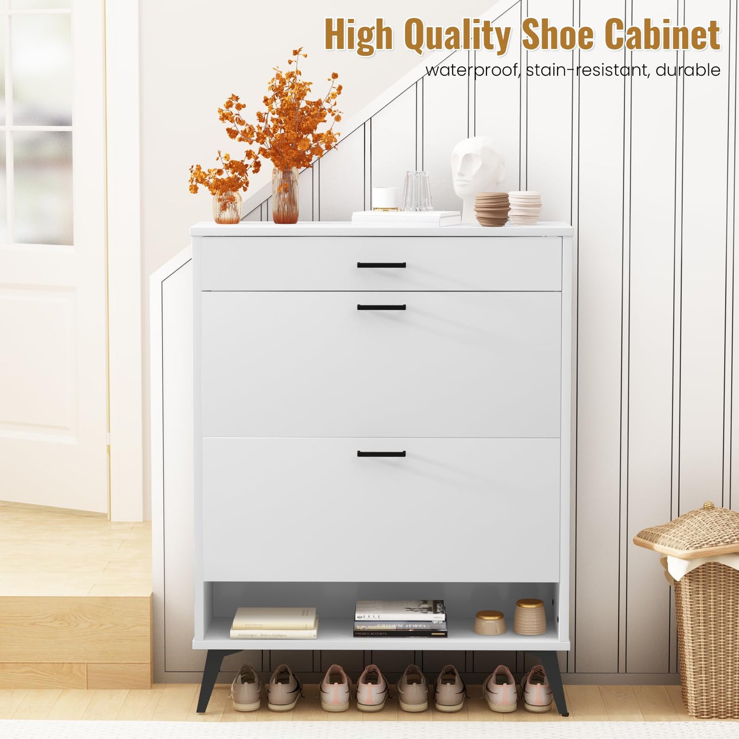 DKLGG Entryway Shoe Cabinet - Freestanding Gray Organizer with 2 Flip-Flop Drawers