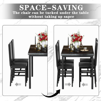 DKLGG Faux Marble Dining Set for 4 - 5-Piece Table and Leather Chairs in Elegant Khaki