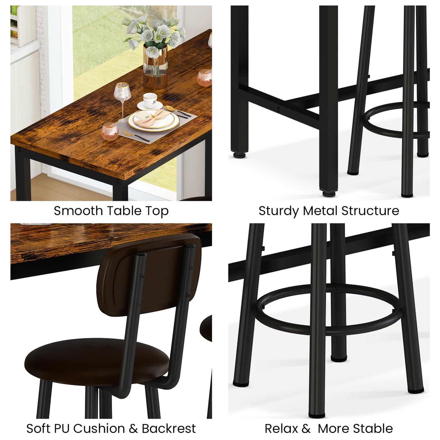 DKLGG Industrial style bar height table set of 3 pieces - brown and black with 2 PU leather chairs