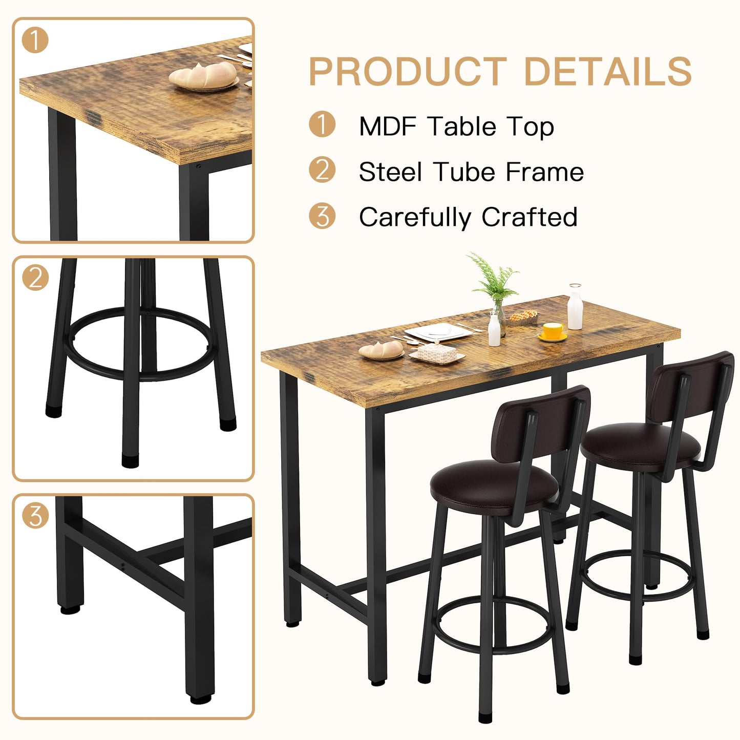 DKLGG 3-Piece Pub Dining Set - Stylish Bar Table with Versatile Chairs for Any Space