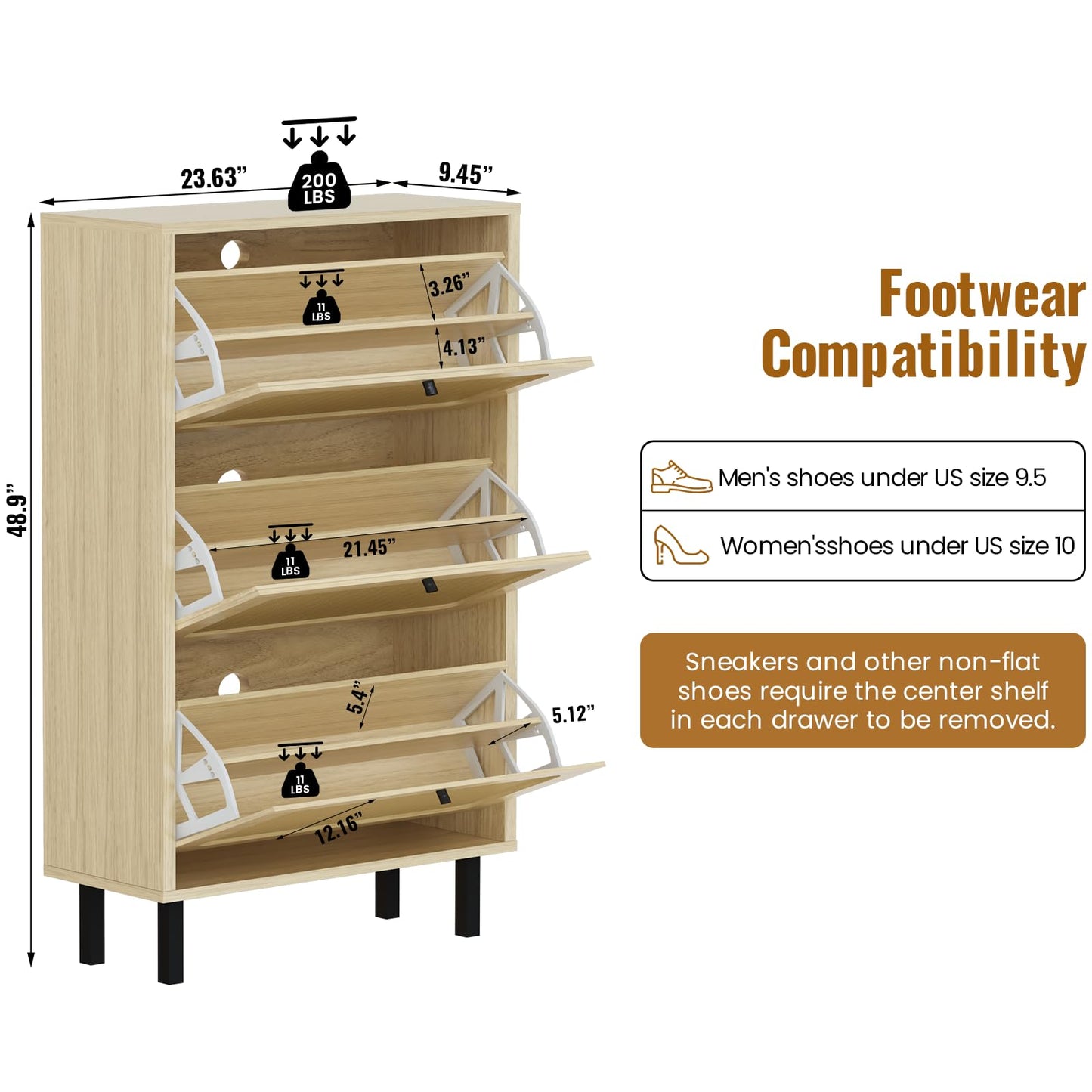 DKLGG Free Standing Shoe Organizer - Natural Finish with 3 Rattan Flip-Up Drawers