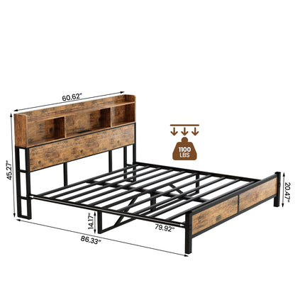 DKLGG Modern Queen Size Bed Frame - Walnut Finish with Functional Storage Headboard and Charging Station