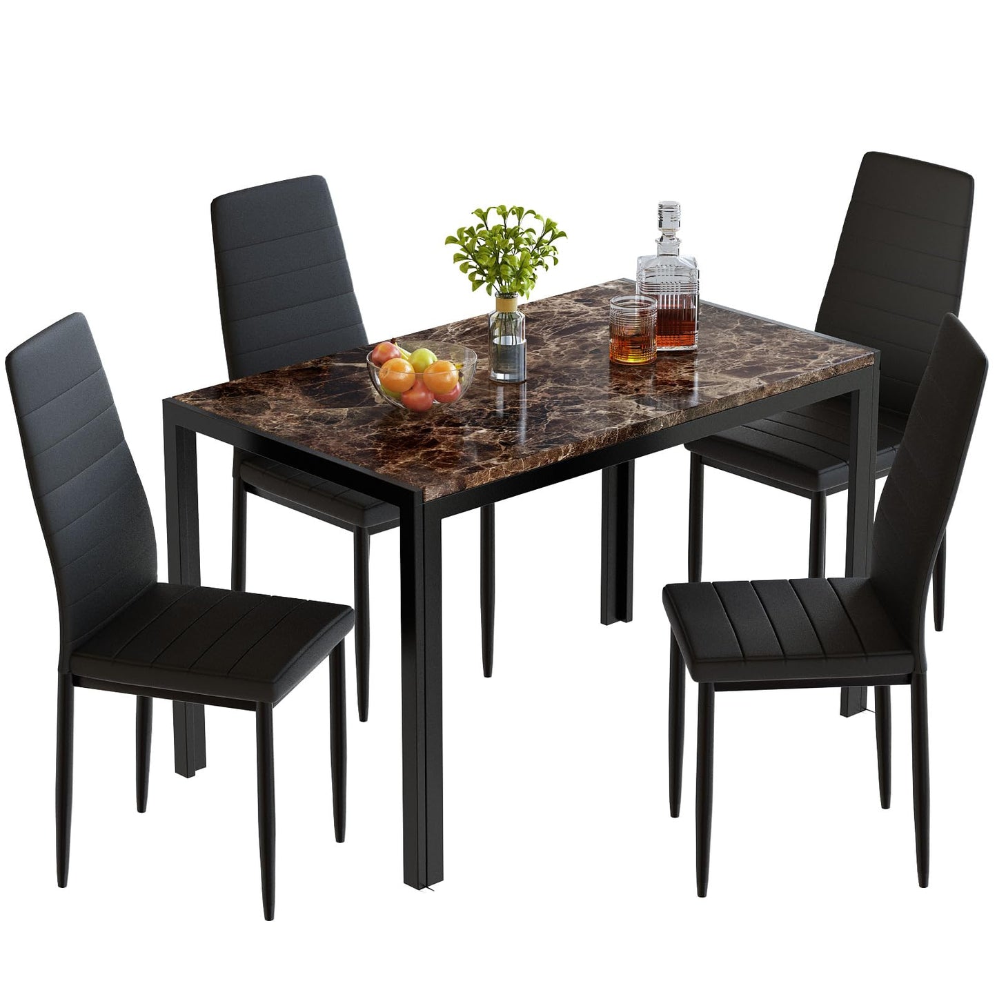 DKLGG Stylish 5-Piece Dining Table with 4 PU Leather Chairs – Faux Marble Finish