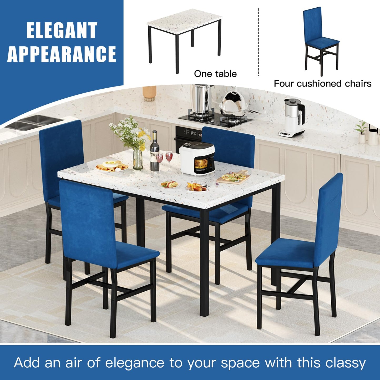 DKLGG 5-Piece Faux Marble Dining Table Set, Blue - Stylish and Elegant