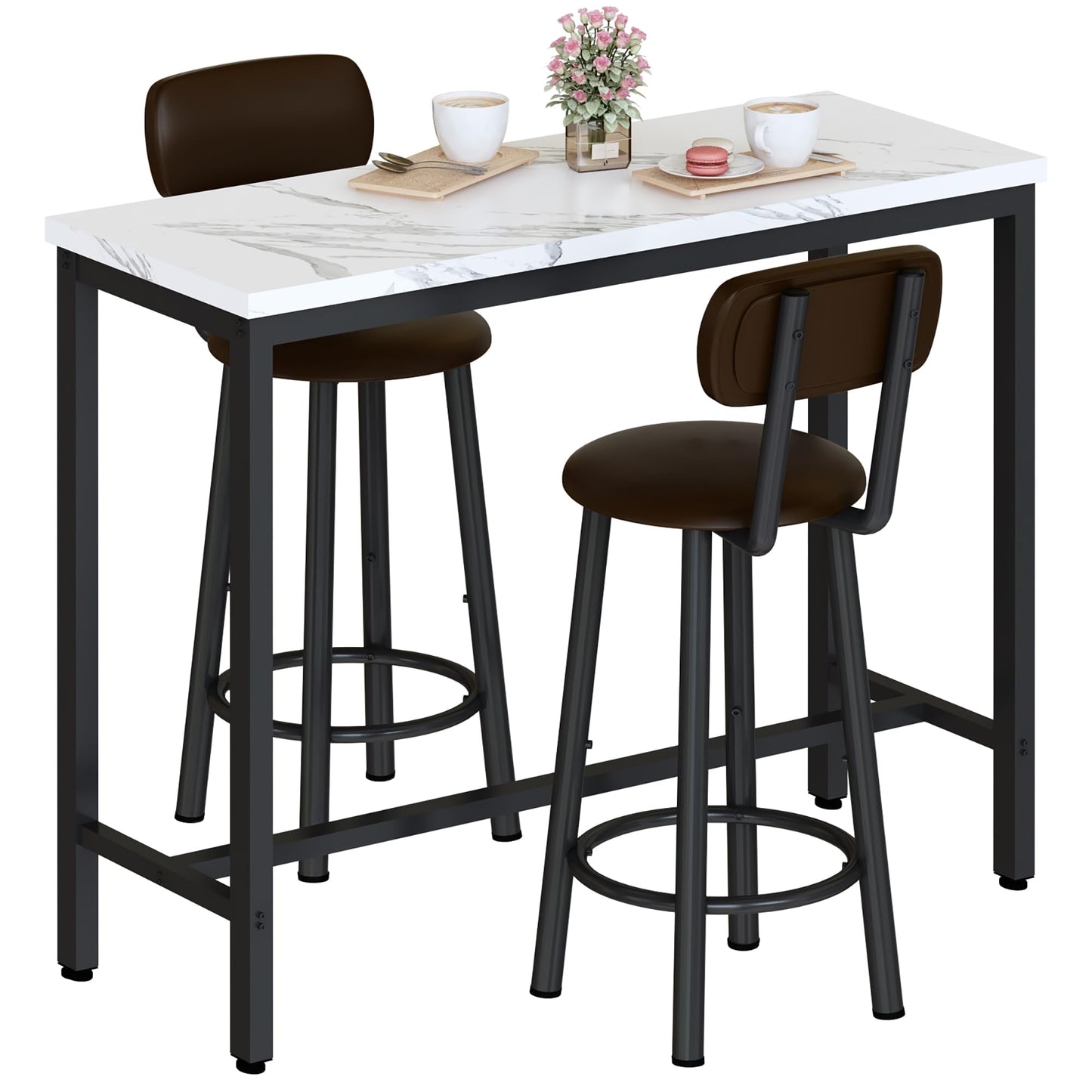 DKLGG Industrial style bar height table set of 3 pieces - brown and black with 2 PU leather chairs