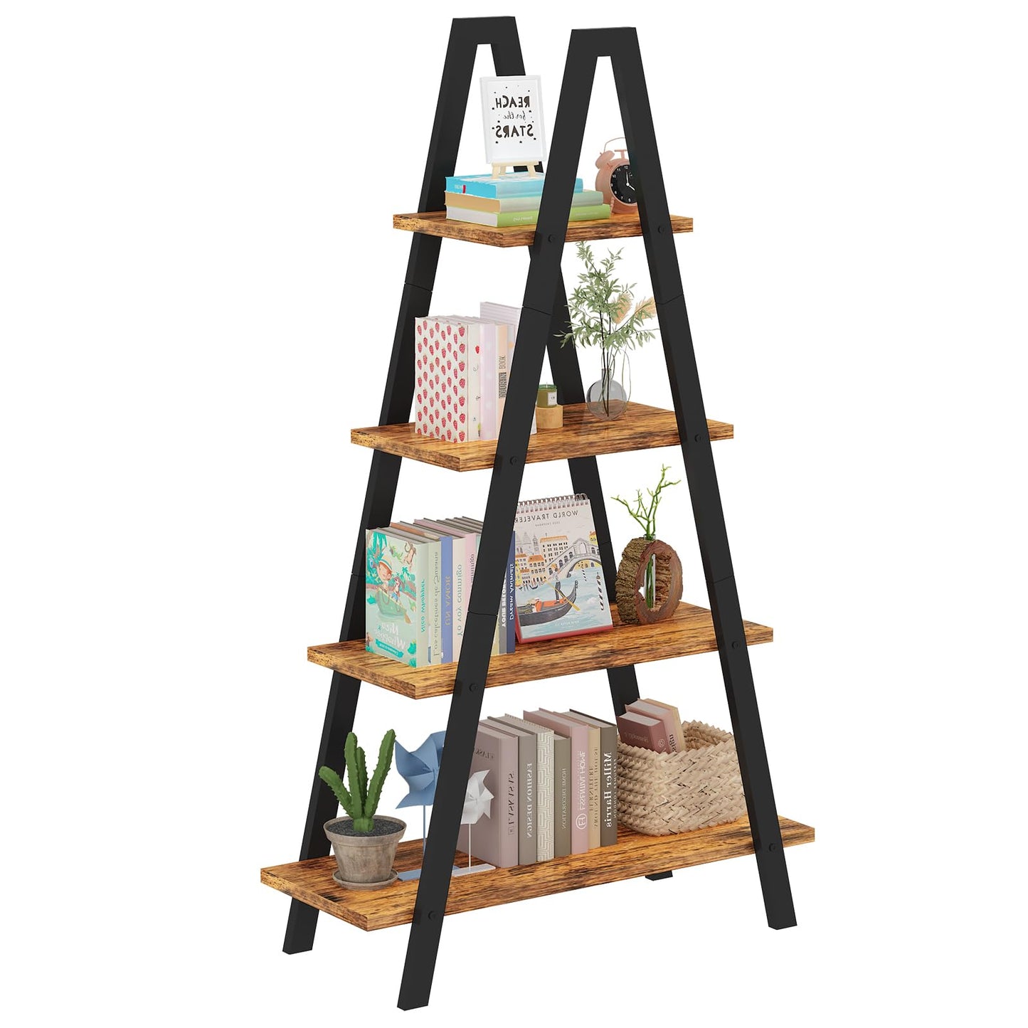 DKLGG 4-Shelf Bookcase, A-Shelf, Industrial Ladder Shelf, Open Storage Cabinet for Home Office