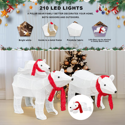 DKLGG 3-Piece Polar Bear Family Christmas Decoration with 210 LED Lights for Outdoor & Indoor Use