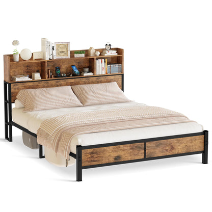 DKLGG Modern Queen Size Bed Frame - Walnut Finish with Functional Storage Headboard and Charging Station