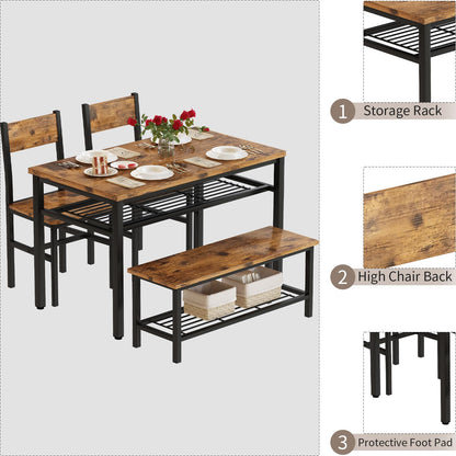 DKLGG 4-Piece Dining Table Set for 4 - Rustic Brown Table with Built-In Storage Shelves