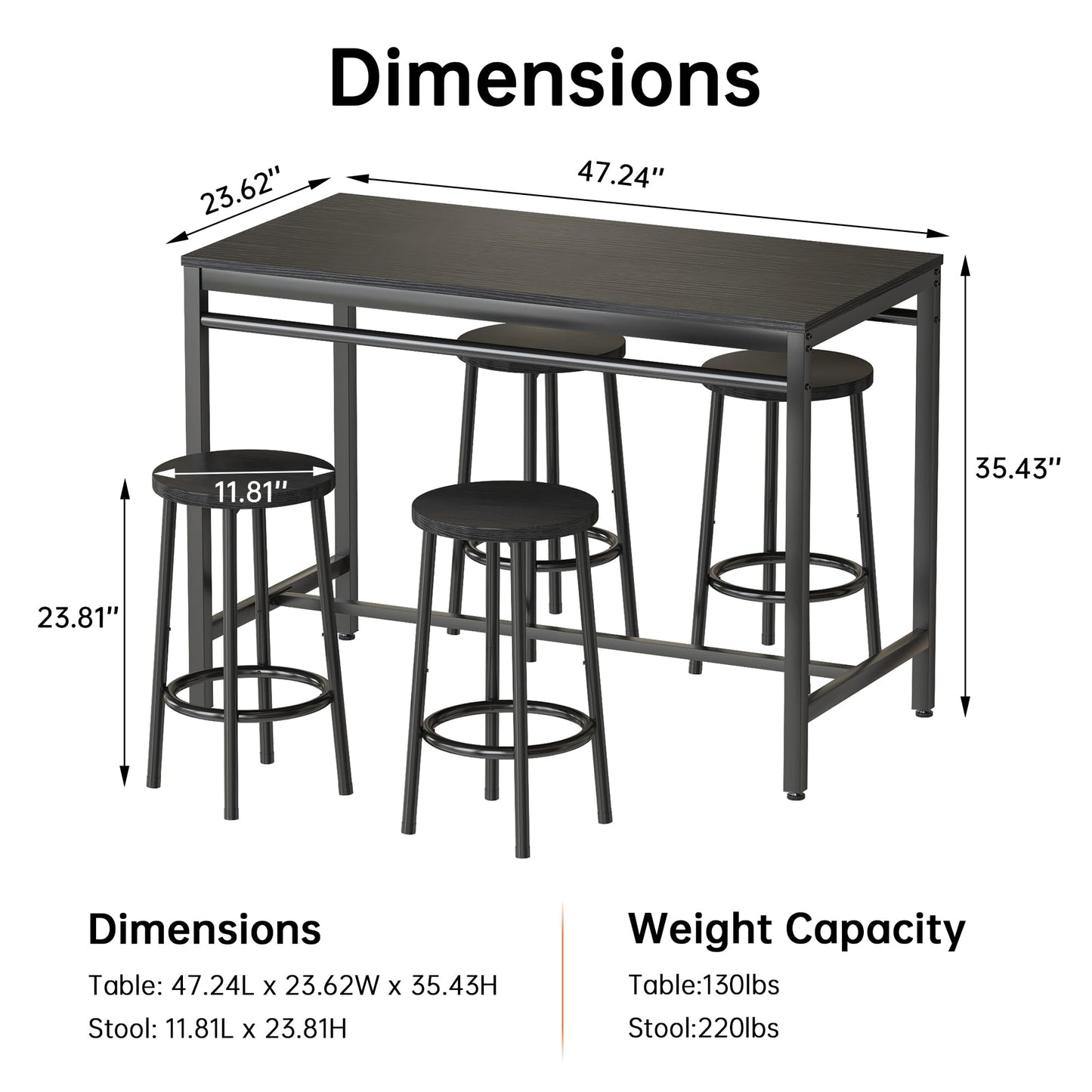 DKLGG 4-Person Bar Dining Set, 47-Inch, Black - Modern Home Dining Option