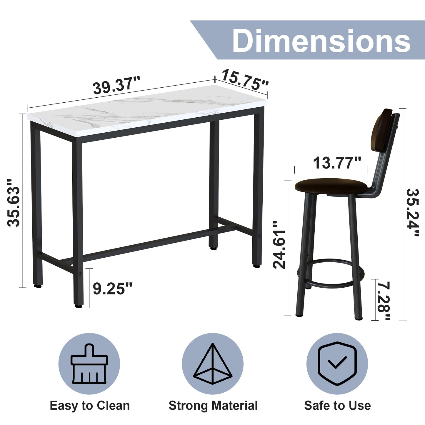 DKLGG Industrial style bar height table set of 3 pieces - brown and black with 2 PU leather chairs