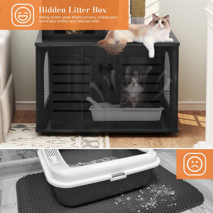 DKLGG Soft Perch Large Wooden Cat House with Litter Pan - Cozy Retreat for Your Feline Friend