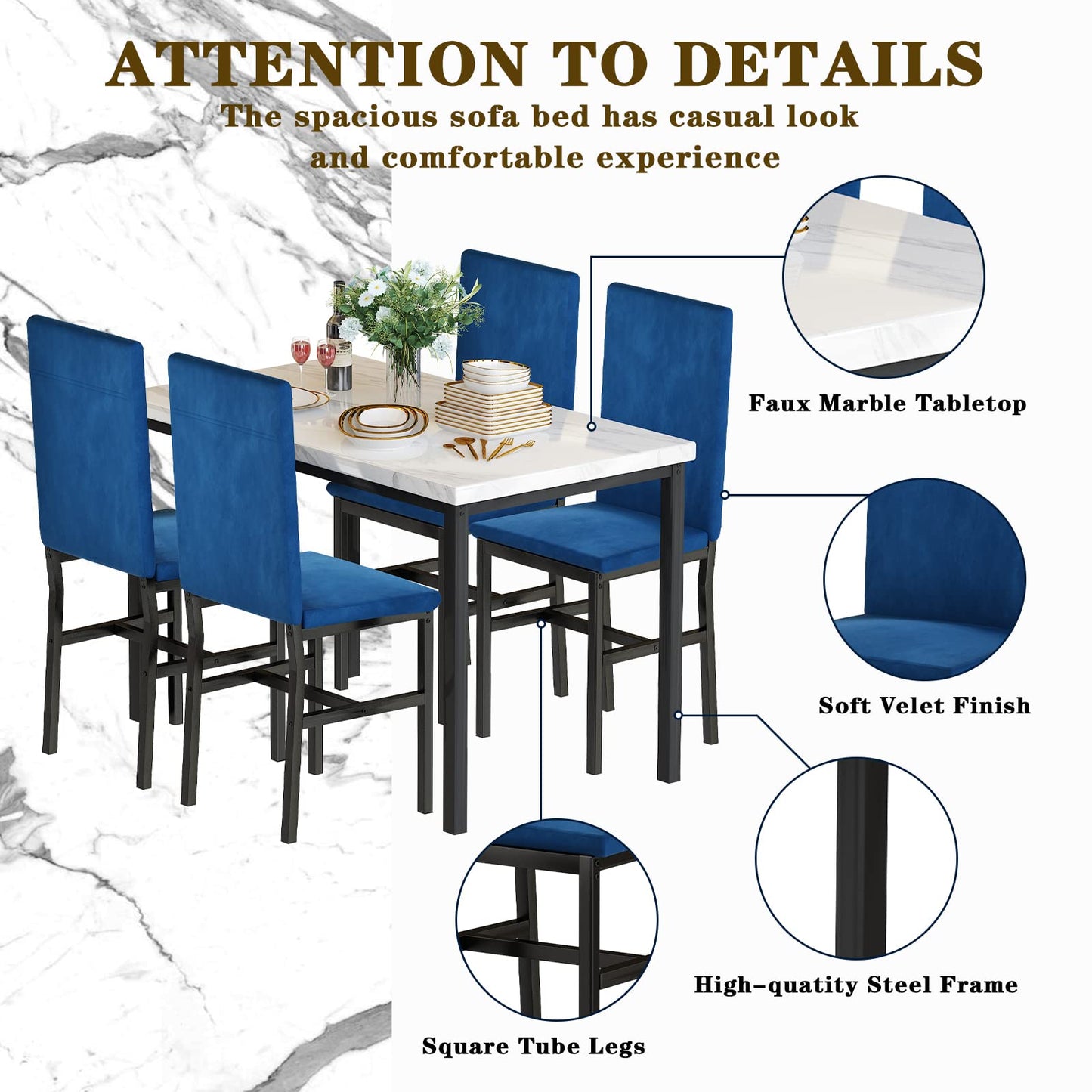 DKLGG 4-Person Faux Marble Dining Table and Chairs Set, White - Stylish and Comfortable