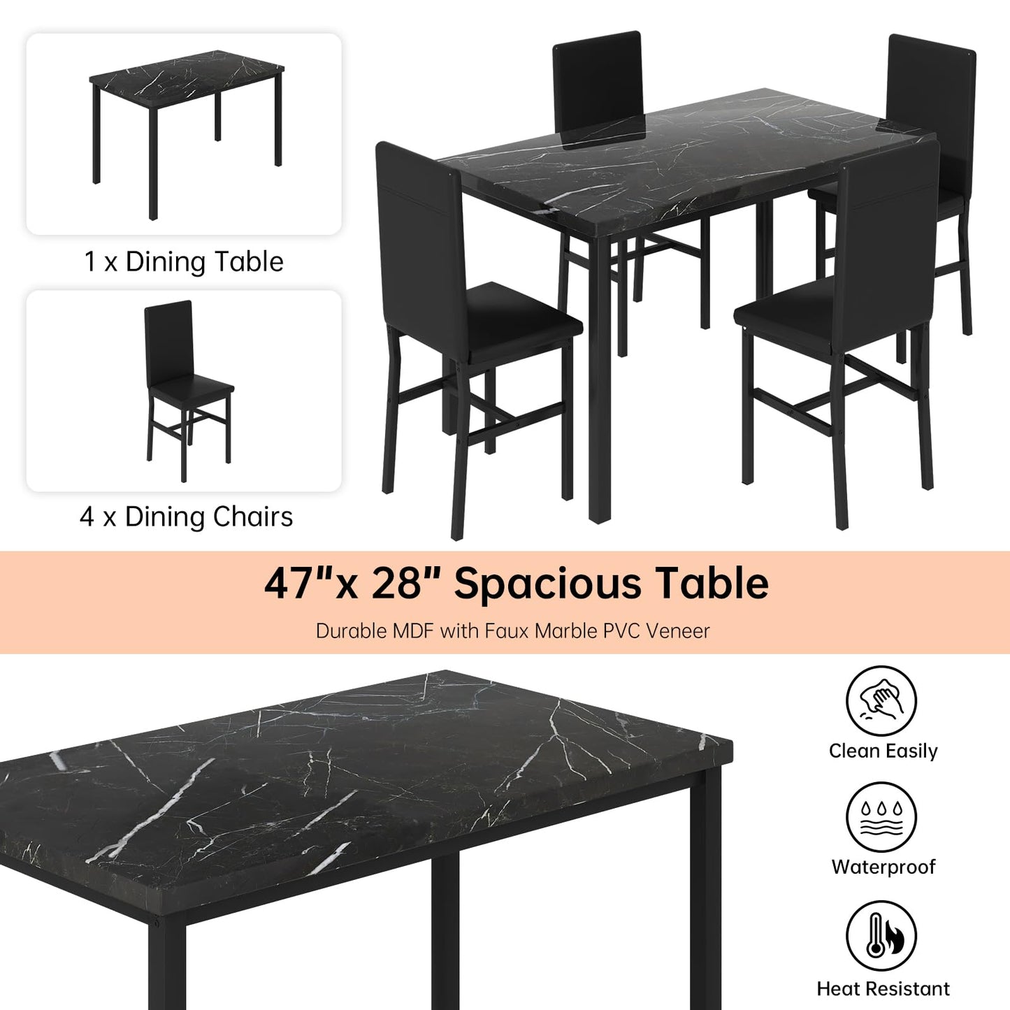 DKLGG Faux Marble Dining Set for 4 - 5-Piece Table and Leather Chairs in Elegant Khaki