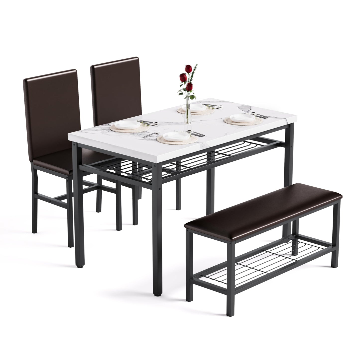 DKLGG Dining Table Set for 4 - Elegant Marble Table with Comfortable PU Leather Seating