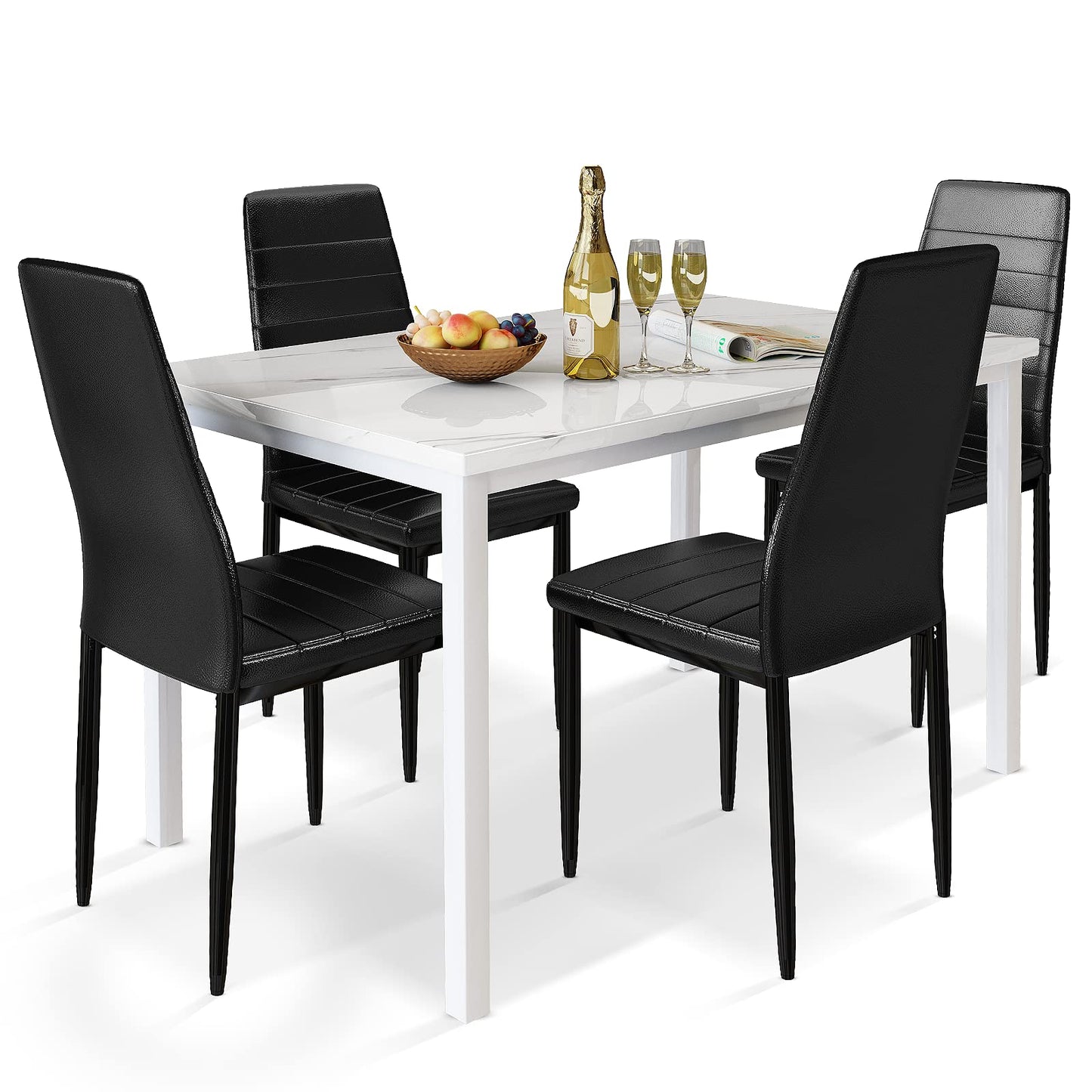 DKLGG Dining Table Set for 4 - Elegant Marble Table with Comfortable PU Leather Seating