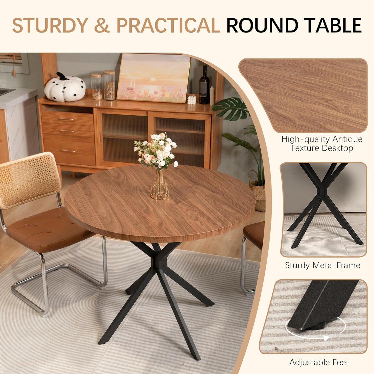 DKLGG 39-Inch Round Walnut Dining Table, Mid-Century Modern Style, Seats 4-6