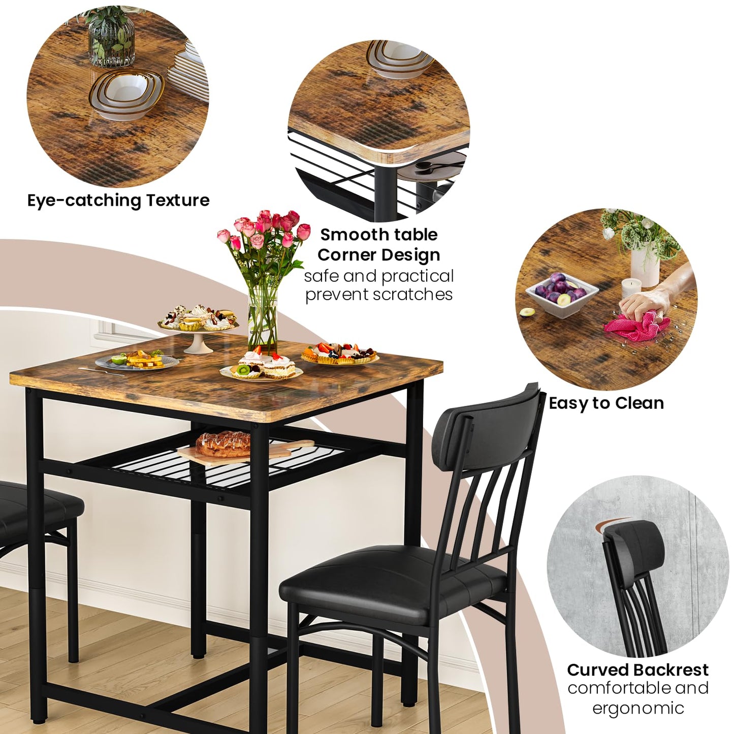 DKLGG 3-Piece Wooden Dining Table Set for Small Spaces, Compact Kitchen Table & Chairs