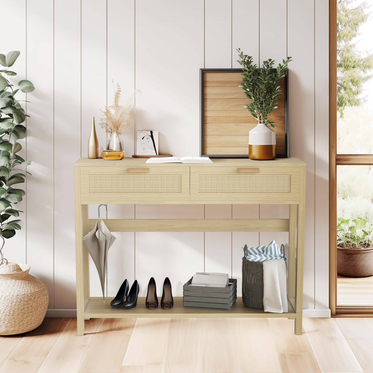 DKLGG Rustic Oak Dresser Table with Rattan Drawers - Perfect for Farmhouse Decor