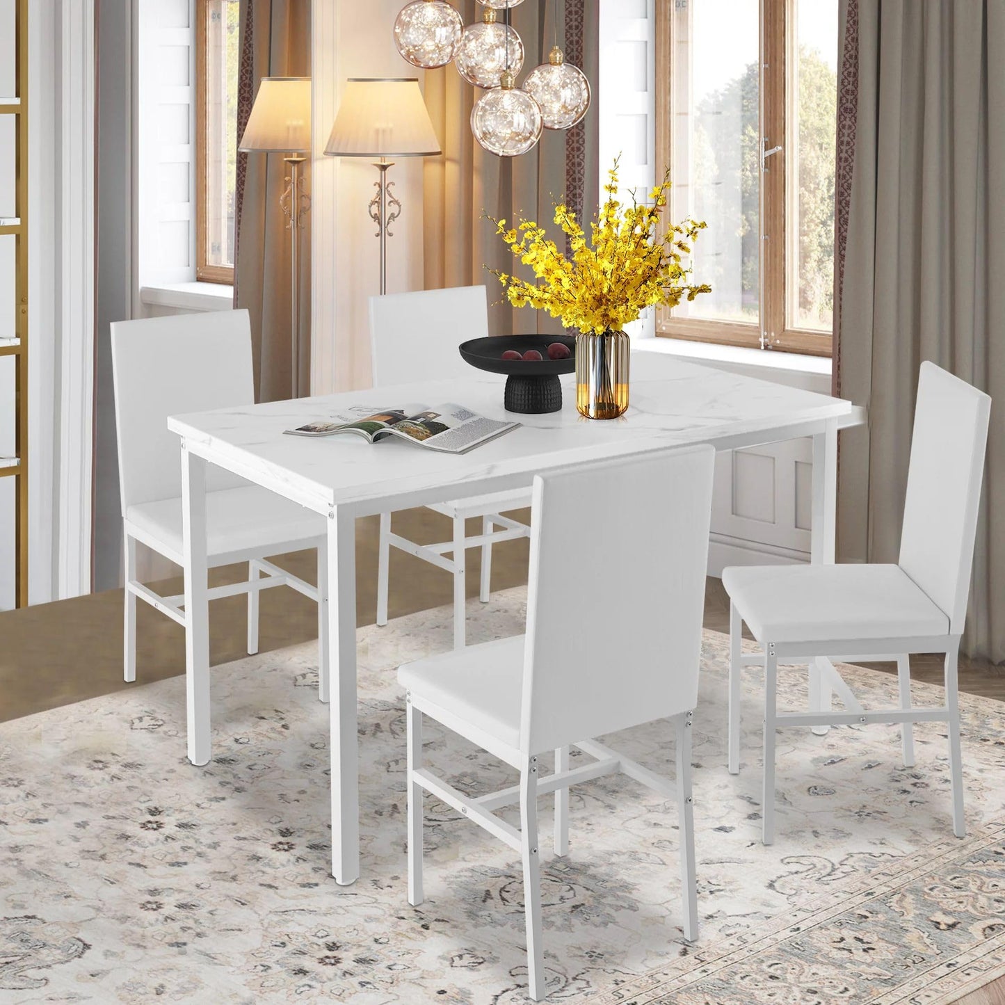 DKLGG 4-Person Faux Marble Dining Table and Chairs Set, White - Stylish and Comfortable