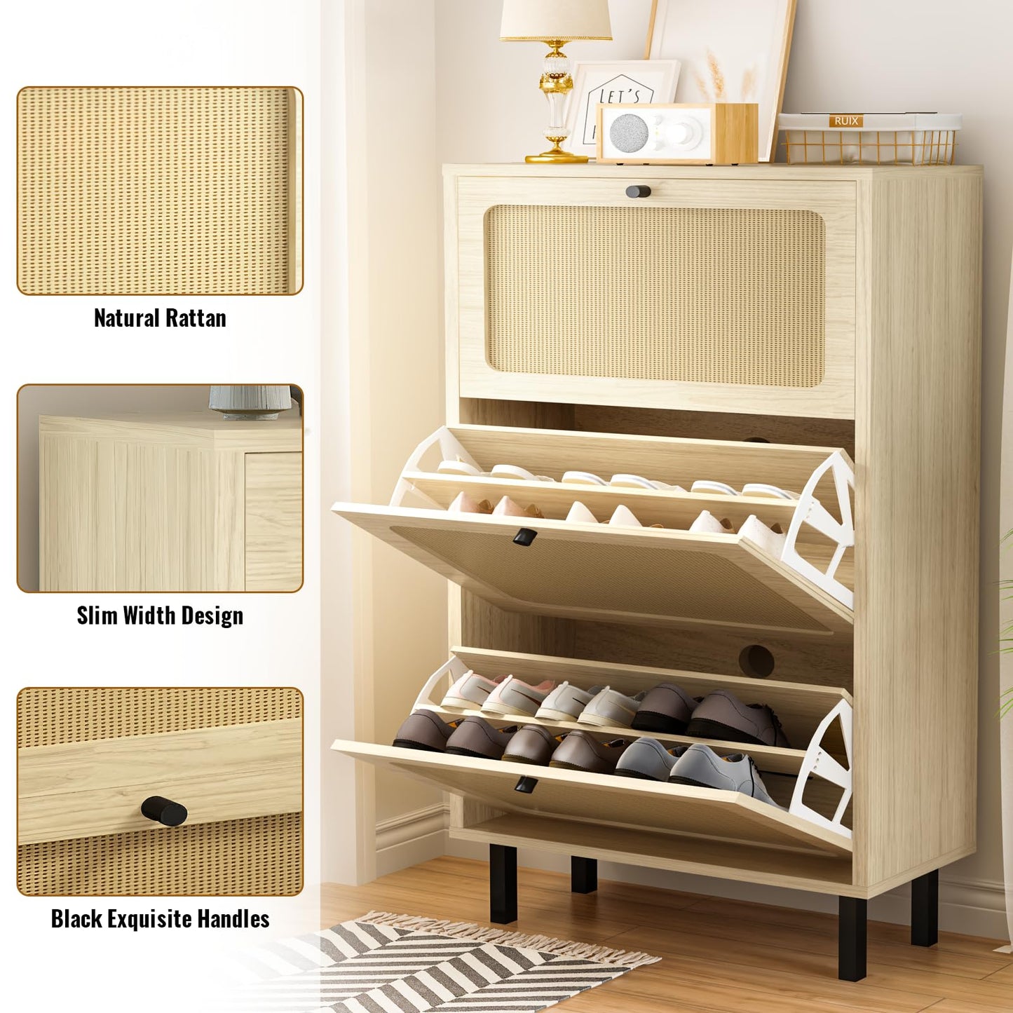 DKLGG Free Standing Shoe Organizer - Natural Finish with 3 Rattan Flip-Up Drawers