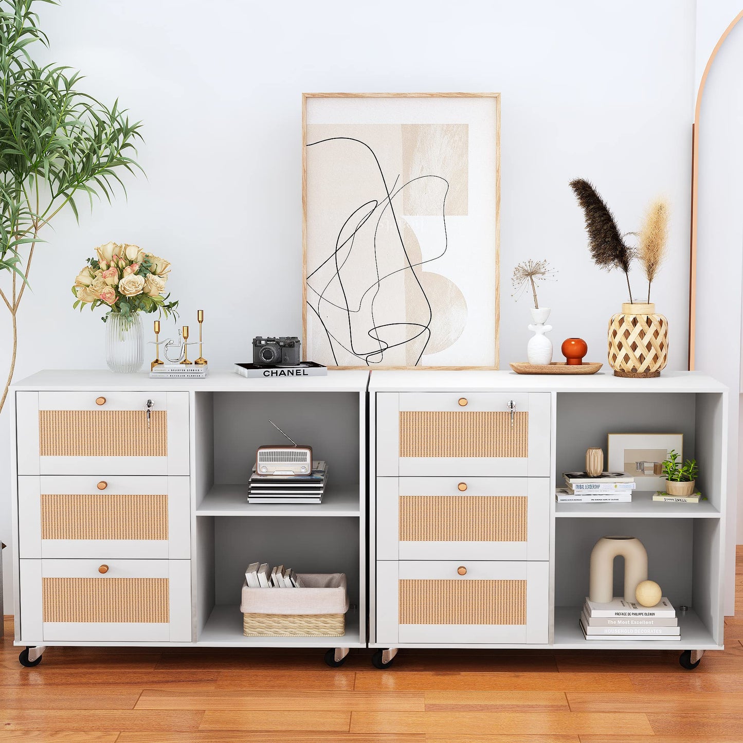 DKLGG White File Cabinet with Drawers and Locks, Wooden Printer Shelf with Locker, Rattan Office Locker