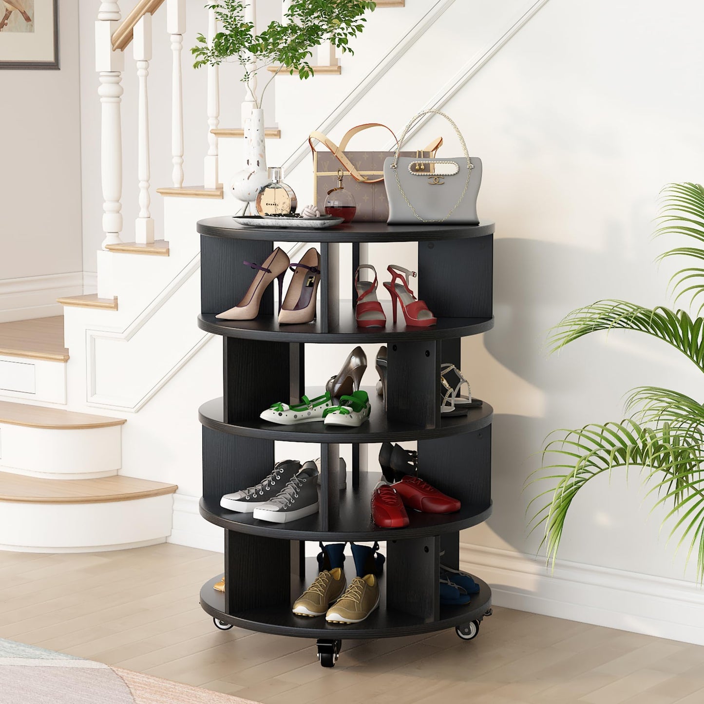 DKLGG Black Revolving Shoe Rack Tower - 4-Tier Design for Space-Saving Shoe Organization