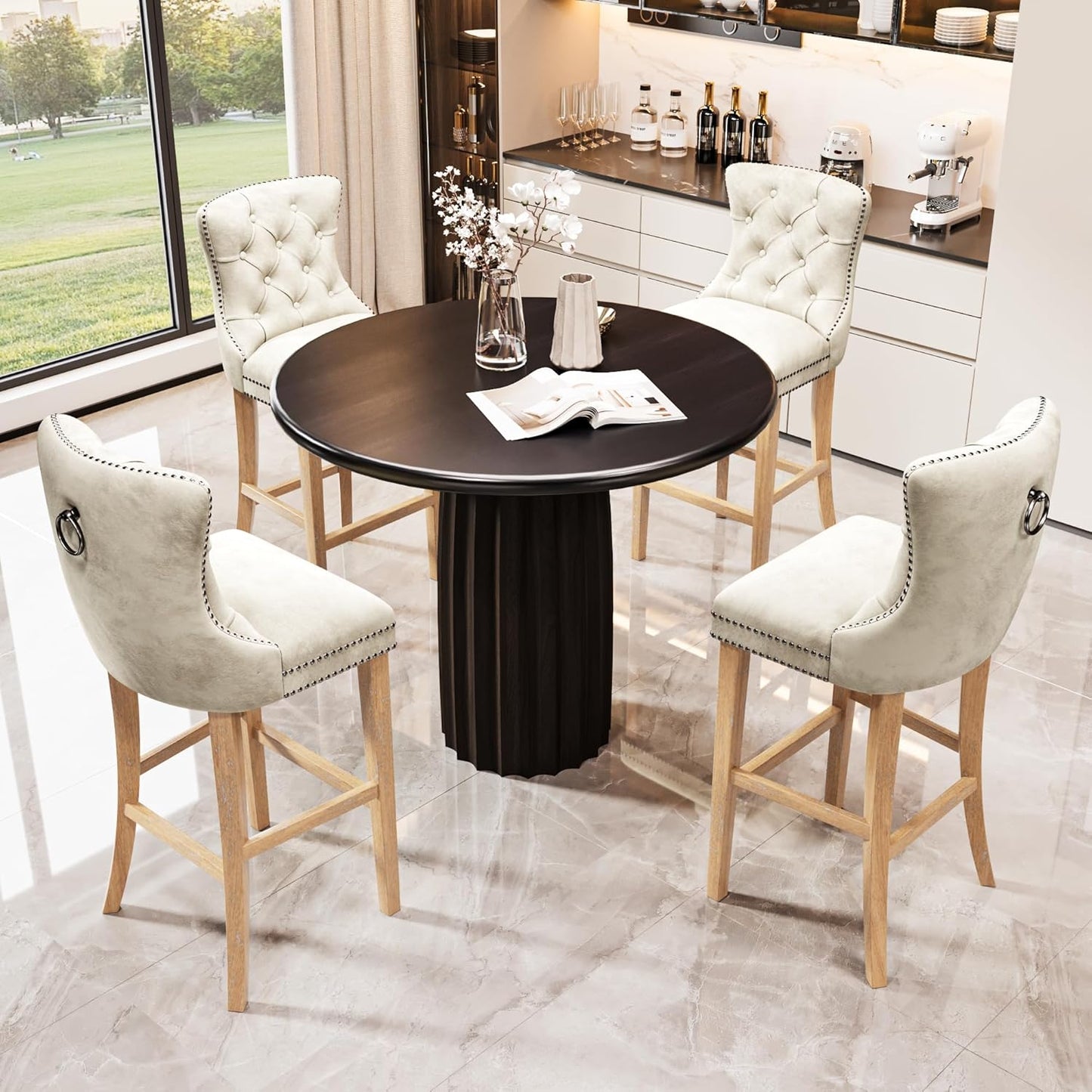 DKLGG 27” High Velvet Tufted Bar Stools - Luxurious Beige Set of 4 for Modern Spaces