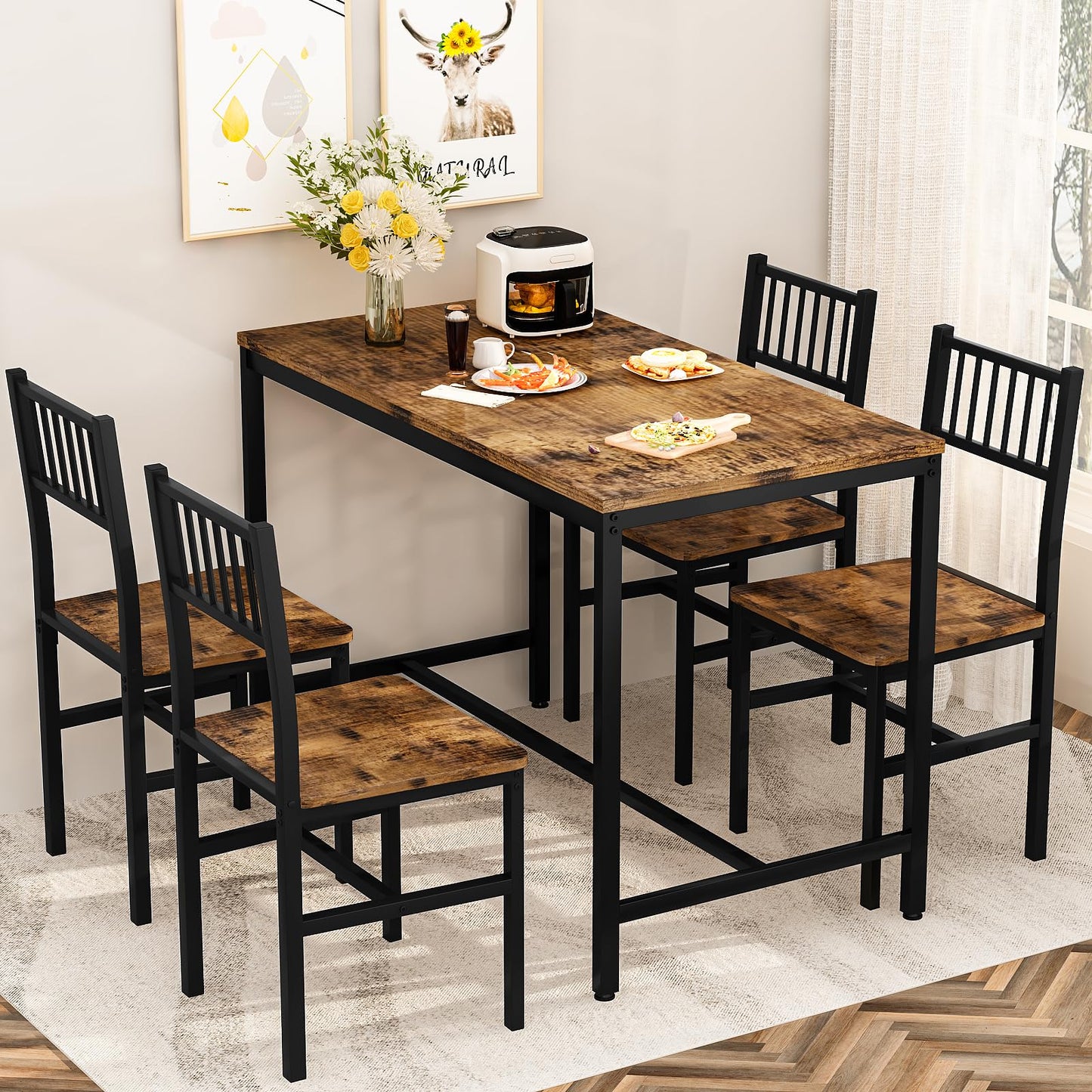 DKLGG 4-Piece Dining Table Set for 4 - Rustic Brown Table with Built-In Storage Shelves