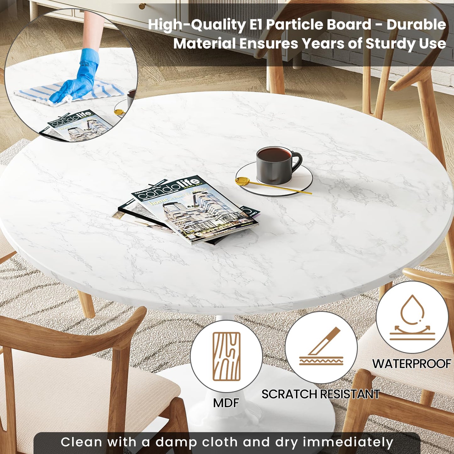 DKLGG Modern Round Dining Table - Stunning White Marble Design for Your Dining Room