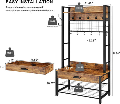 DKLGG Anti-Tipping Hall Tree - Entryway Organizer with Drawers for Coats and Accessories