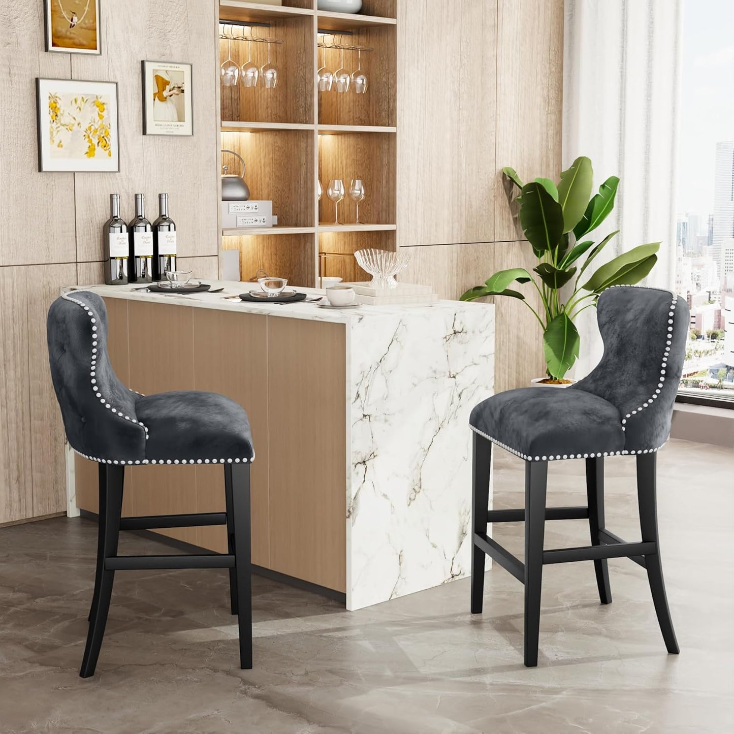 DKLGG 26” High Velvet Barstool Set - 2-Piece with Backrest for Ultimate Comfort