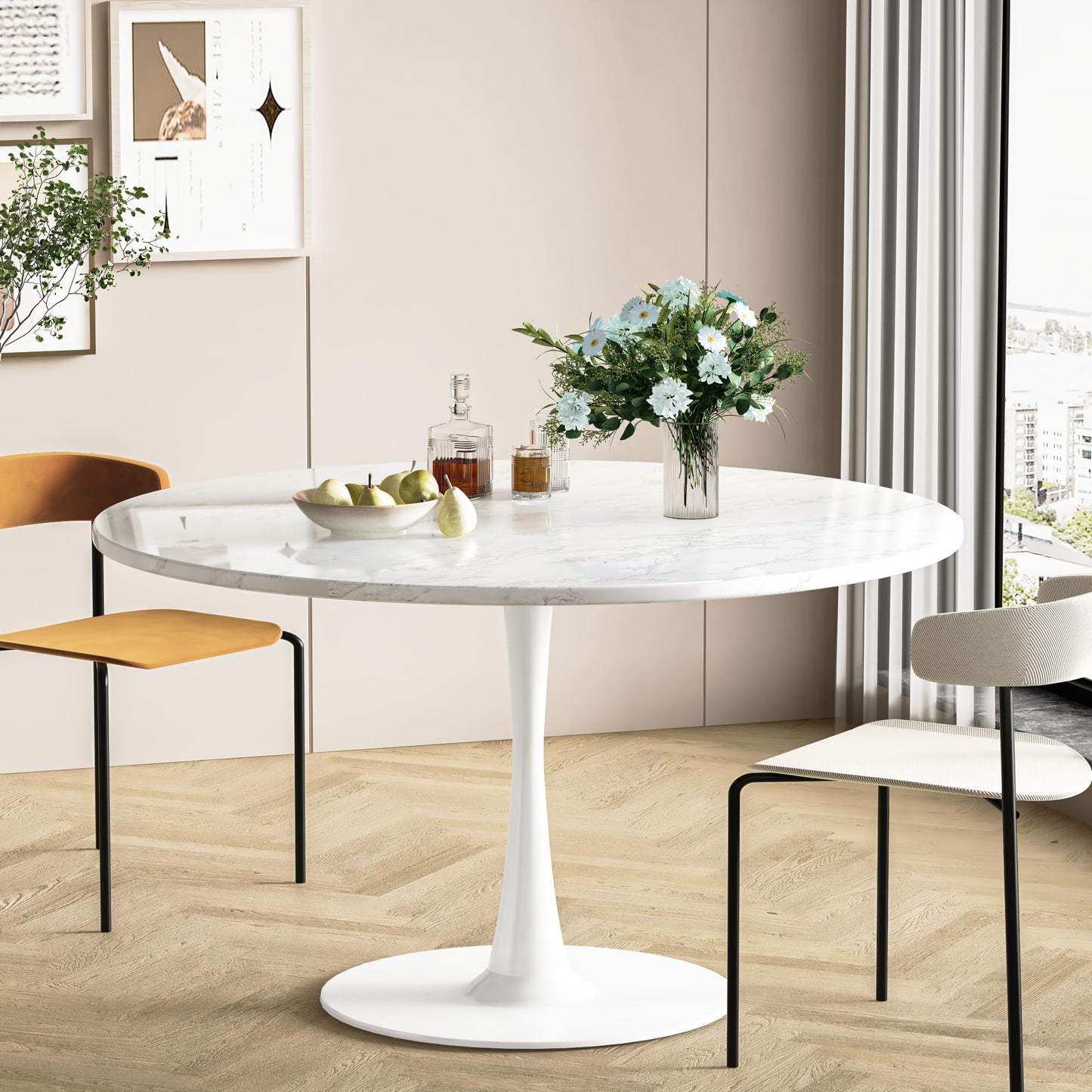 DKLGG Modern Round Dining Table - Stunning White Marble Design for Your Dining Room