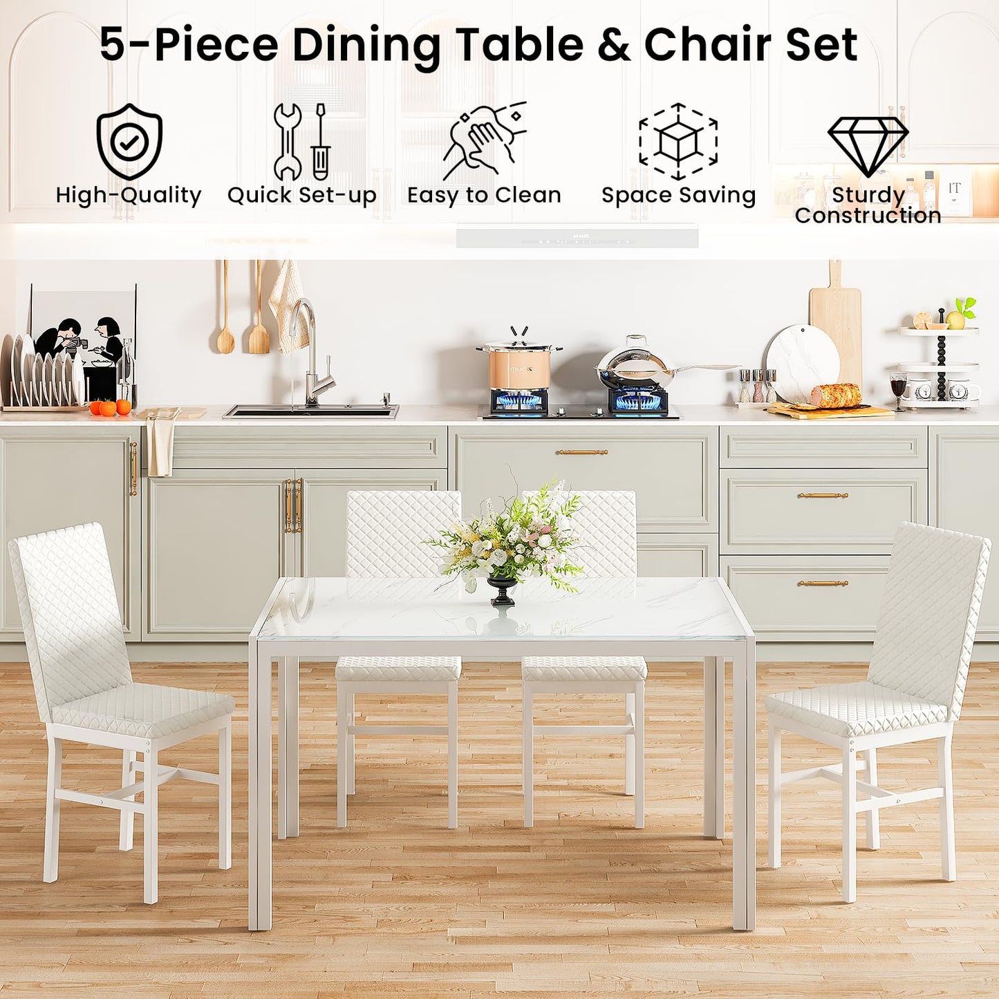 DKLGG 5-Piece Glass Kitchen Table Set, 4 PU Leather Chairs, Black - Modern and Stylish