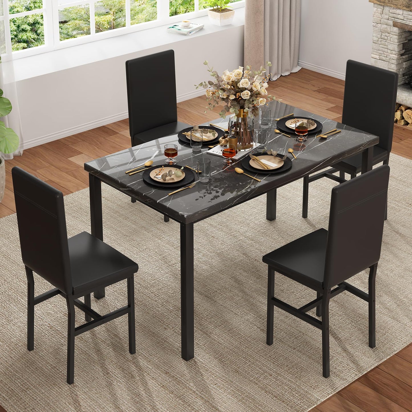 DKLGG Faux Marble Dining Set for 4 - 5-Piece Table and Leather Chairs in Elegant Khaki