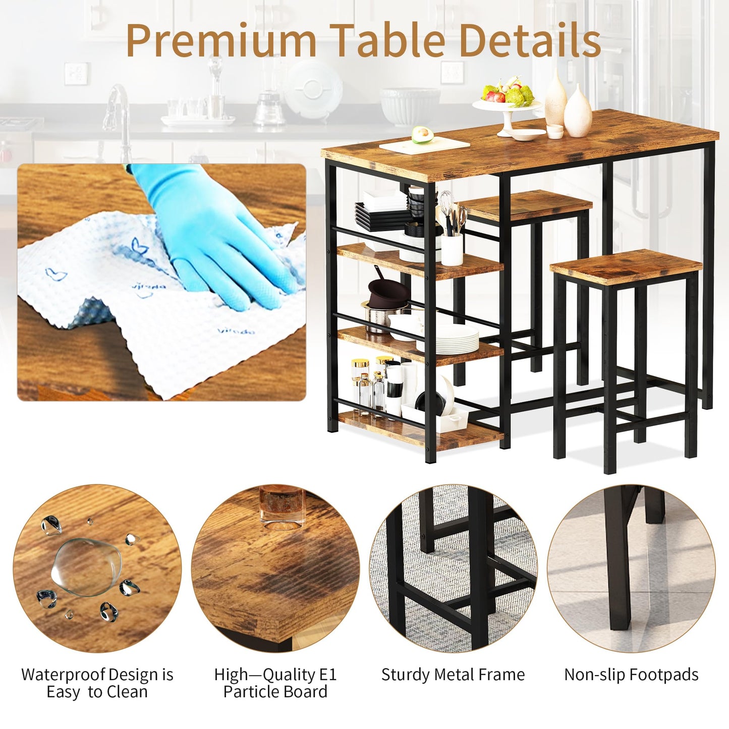 DKLGG Modern 3-Piece Industrial Bar Set for 2 - Stylish Table with Integrated Storage Solutions