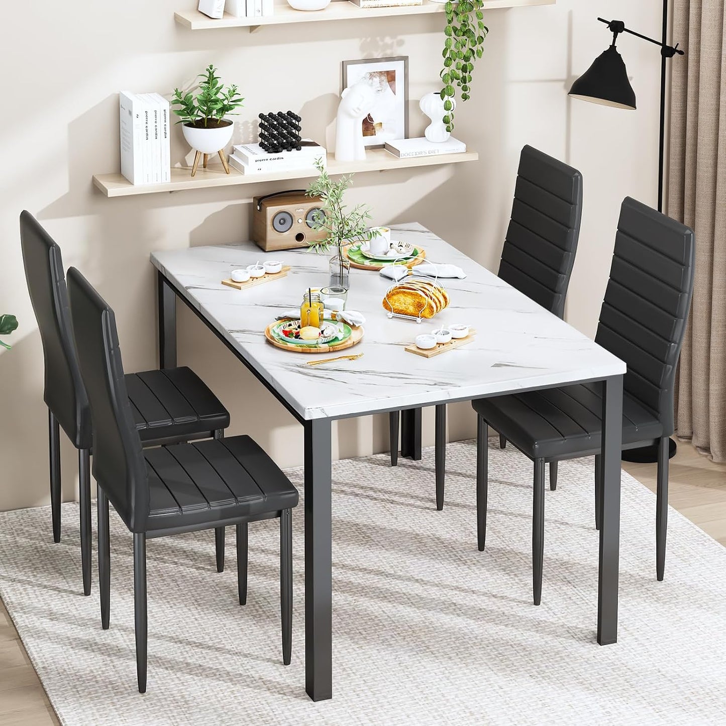 DKLGG4 Faux Marble Dining Table Set of 4, (White and Black)