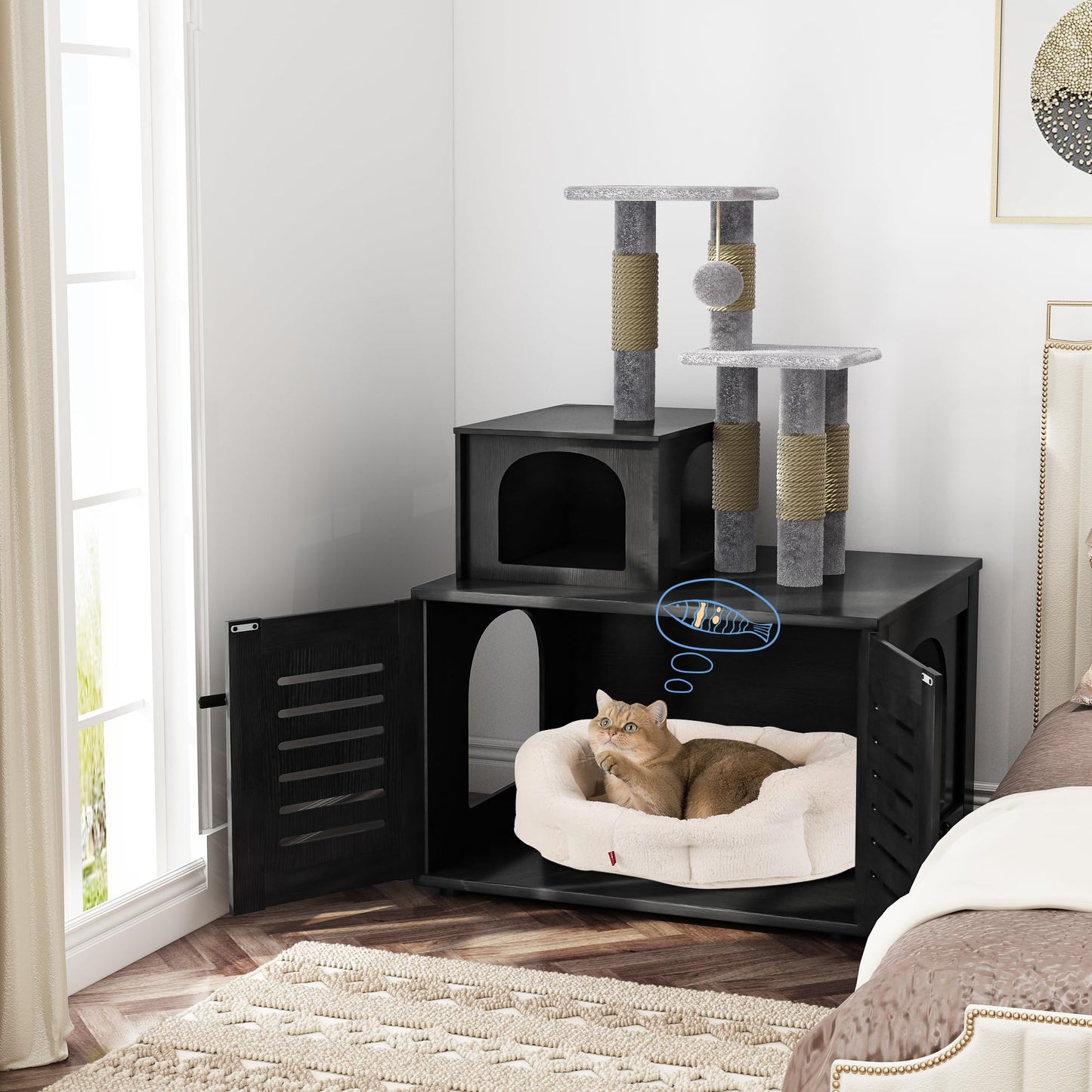 DKLGG Soft Perch Large Wooden Cat House with Litter Pan - Cozy Retreat for Your Feline Friend