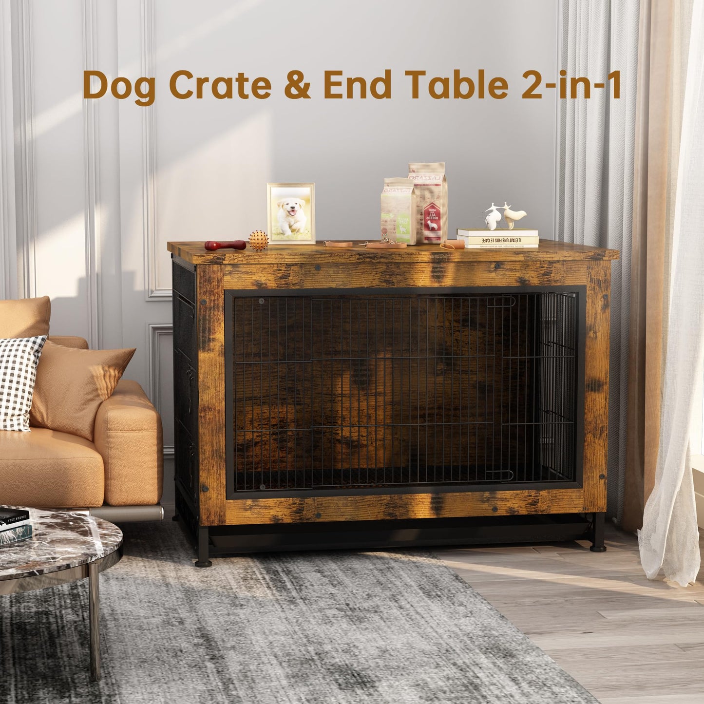 DKLGG Wooden Dog Crate End Table with Removable Tray – Pet-Friendly Furniture in Brown