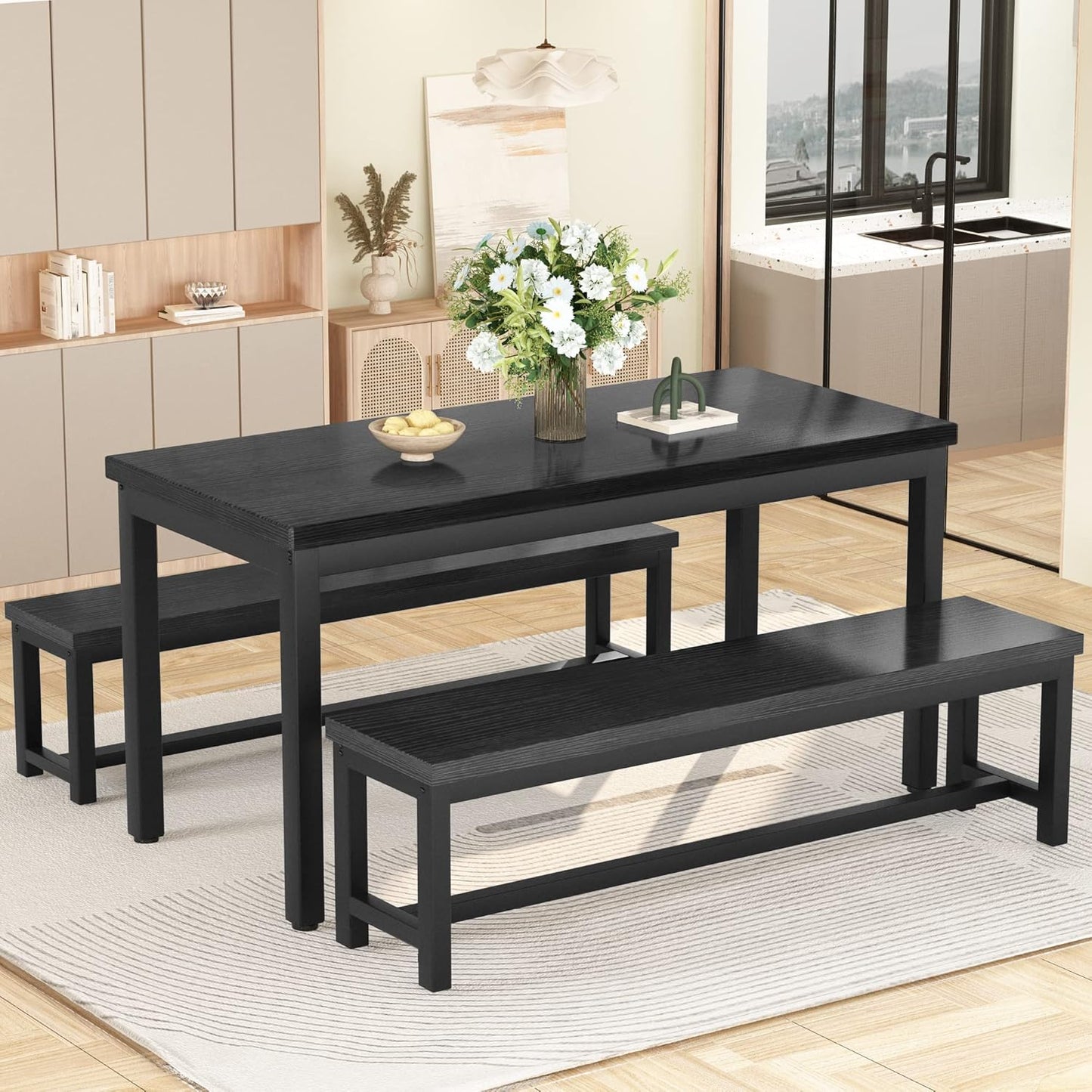 DKLGG Elegant Beige Dining Set - Spacious Kitchen Table with Two Benches for Cozy Family Dining