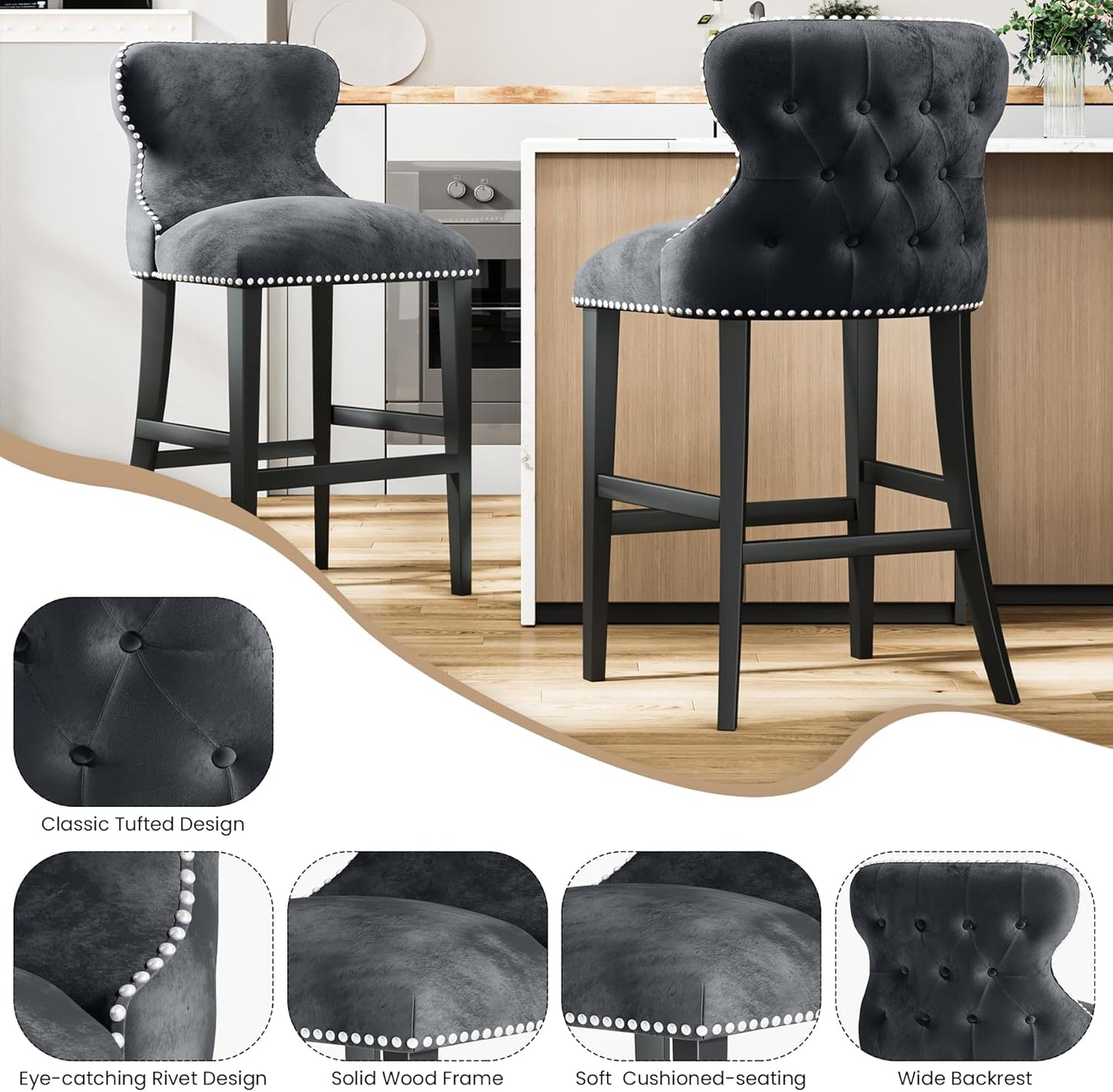 DKLGG 26” High Velvet Barstool Set - 2-Piece with Backrest for Ultimate Comfort