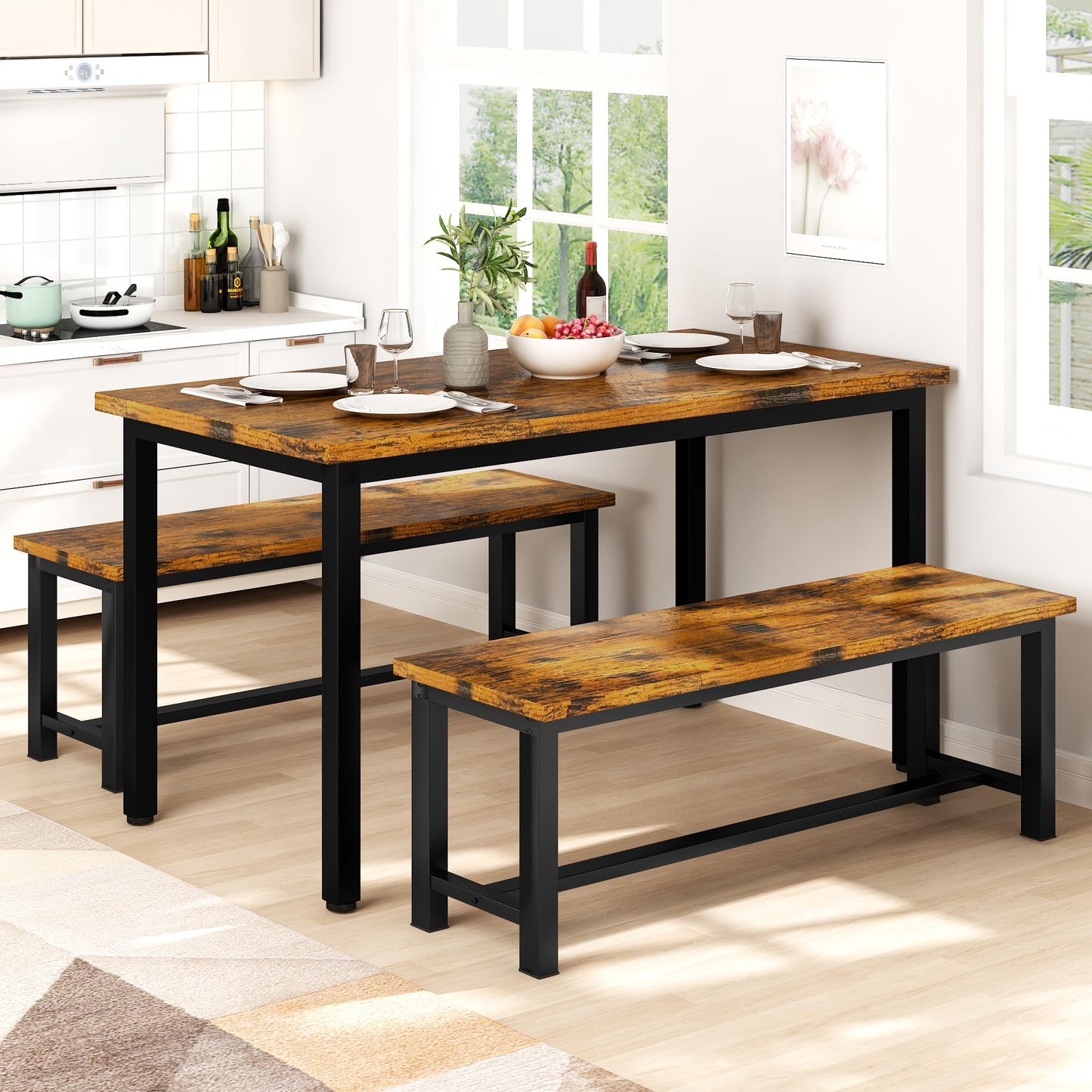 DKLGG Industrial Dining Room Bench Set of 2 - Rustic Brown for Charming Dining Spaces