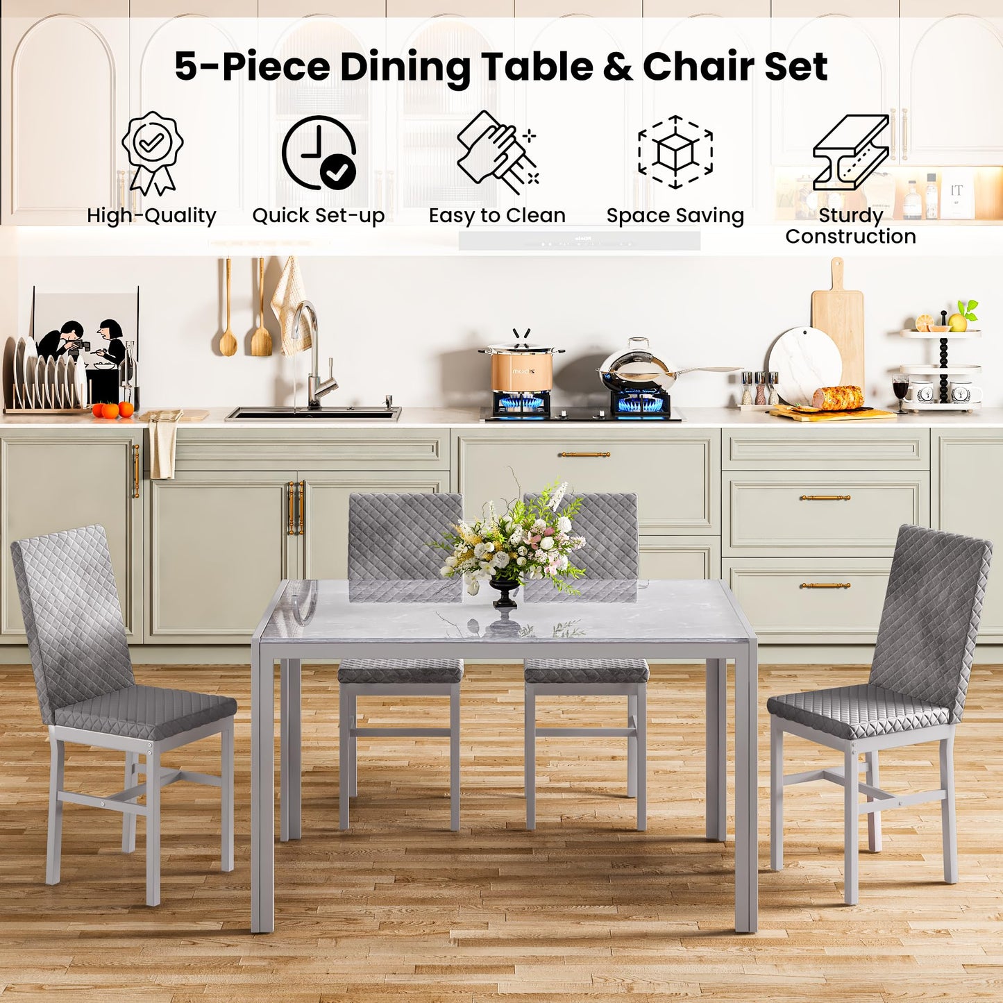 DKLGG 5-Piece Glass Kitchen Table Set, 4 PU Leather Chairs, Black - Modern and Stylish