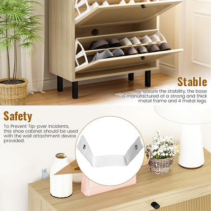 DKLGG Free Standing Shoe Organizer - Natural Finish with 3 Rattan Flip-Up Drawers