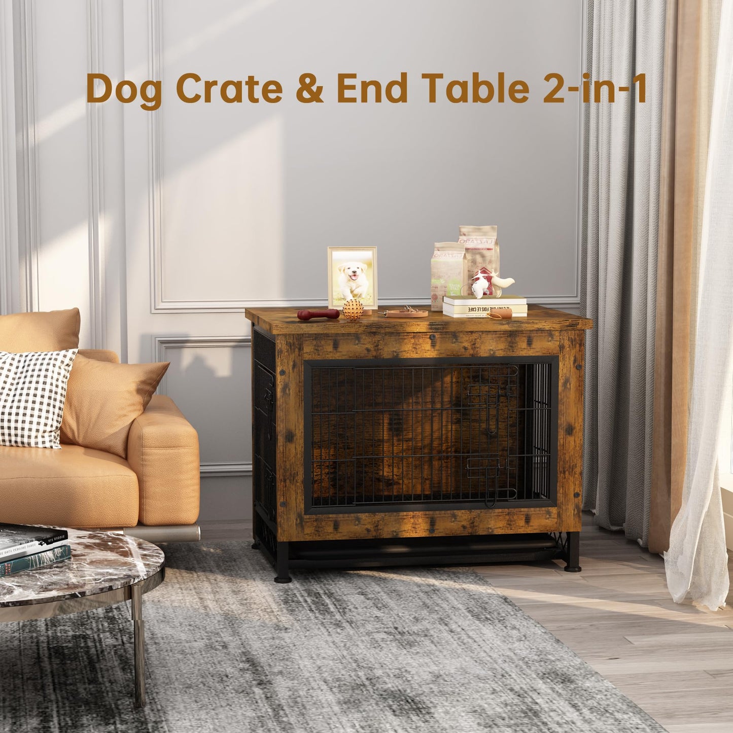 DKLGG Wooden Dog Crate End Table with Removable Tray – Pet-Friendly Furniture in Brown