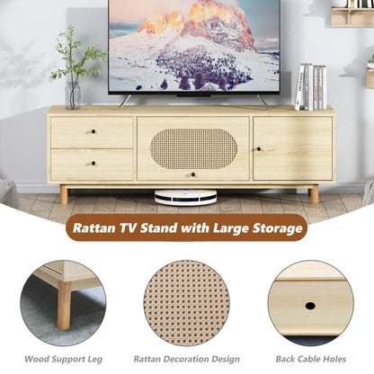 DKLGG Bohemian TV Stand with Rattan Doors - Oak Media Console with Storage and 2 Drawers