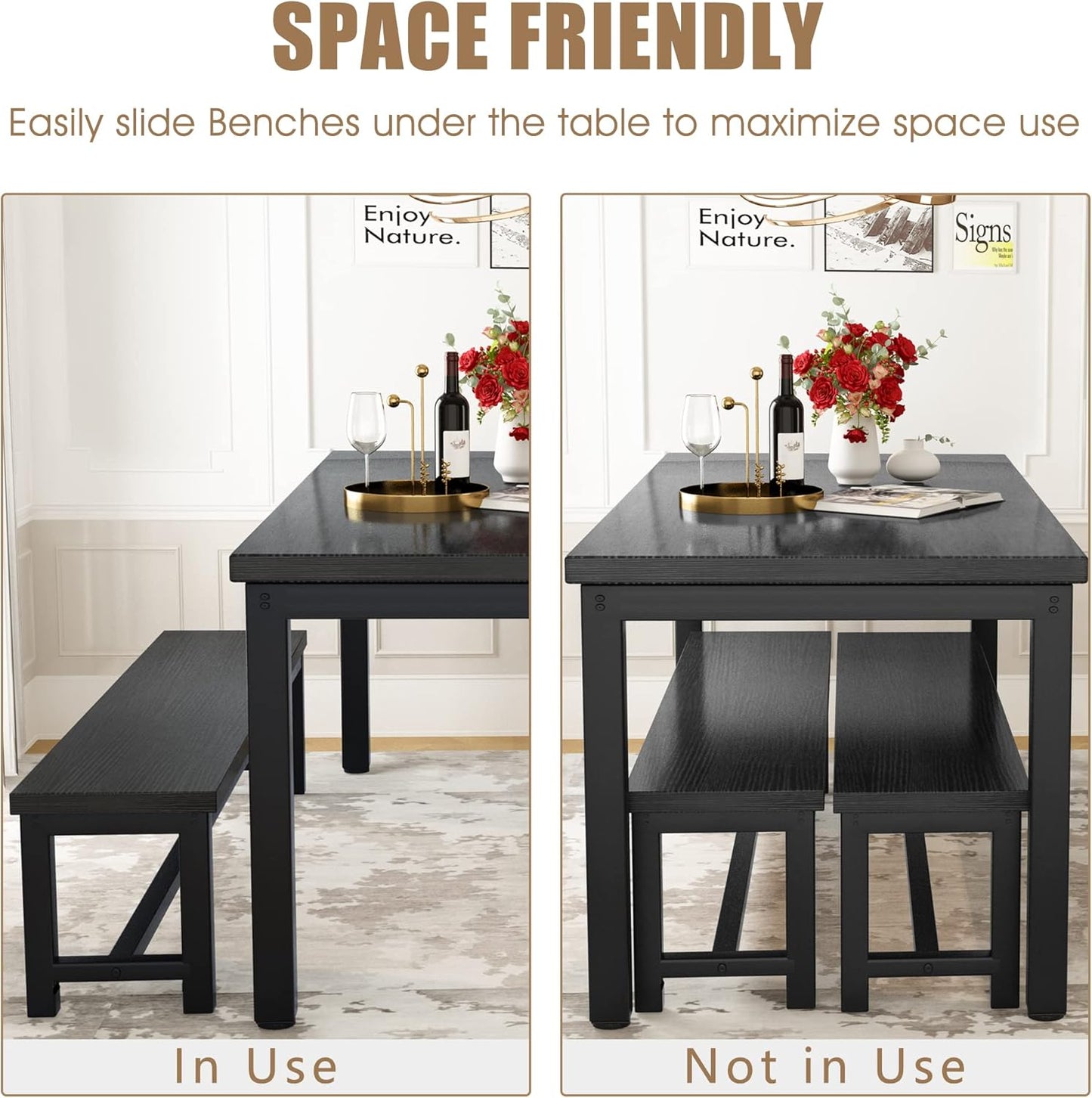 DKLGG Elegant Beige Dining Set - Spacious Kitchen Table with Two Benches for Cozy Family Dining