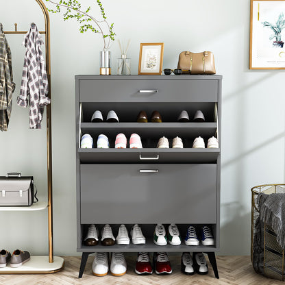 DKLGG Entryway Shoe Cabinet - Freestanding Gray Organizer with 2 Flip-Flop Drawers