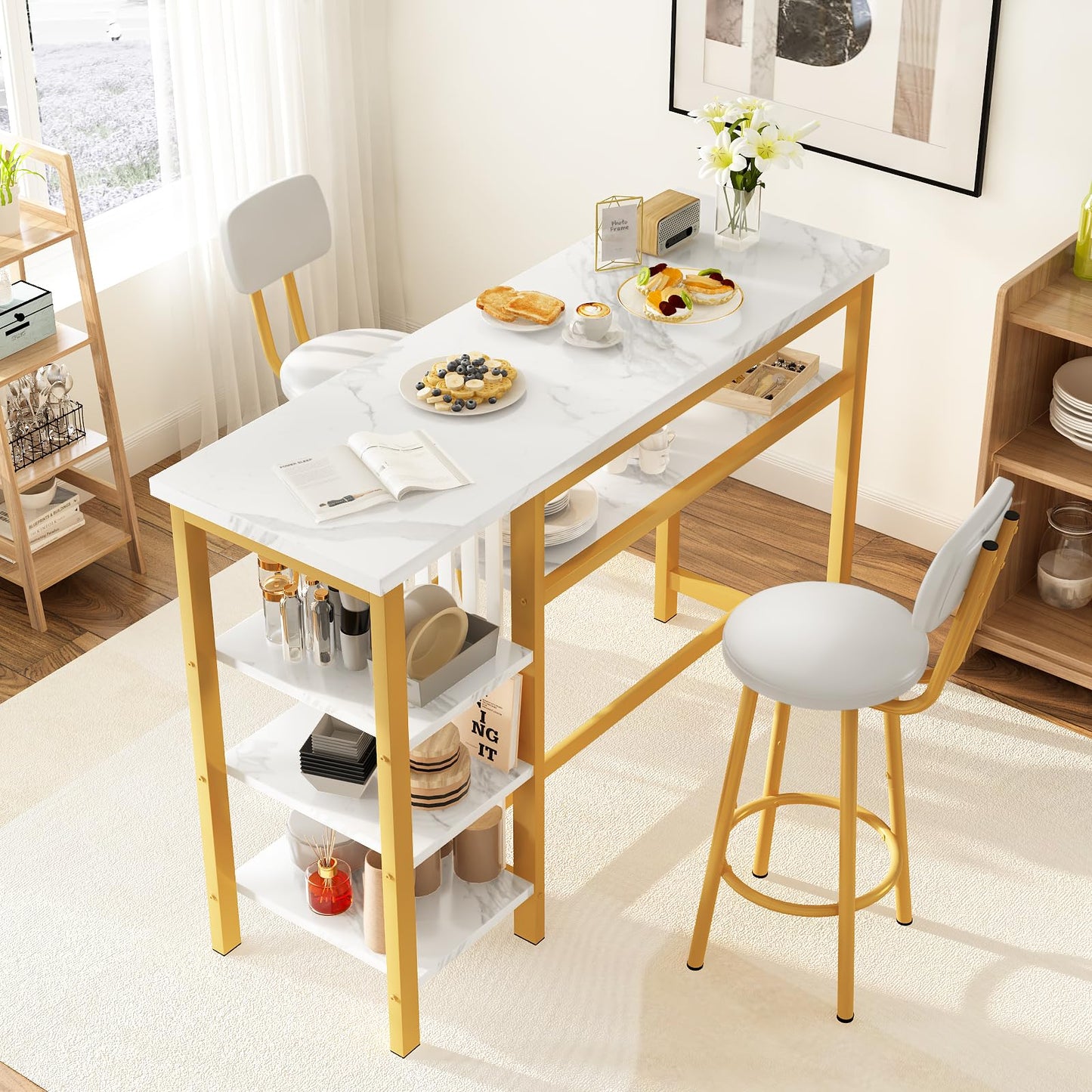 DKLGG 4-Piece Faux Marble Dining Set - Ideal for 3-6 People with Convenient Folding Table Leaf