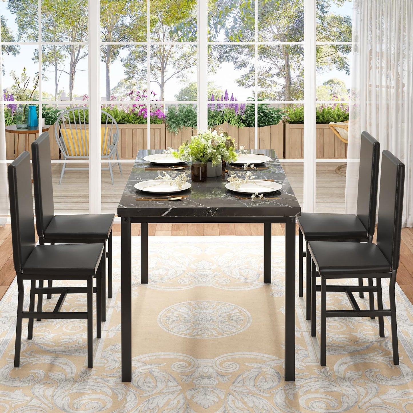 DKLGG Faux Marble Dining Set for 4 - 5-Piece Table and Leather Chairs in Elegant Khaki